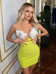 Women Celebrity Sexy Strapless Backless Neon Green Flower Mini Bodycon Bandage Dress 2024 Elegant Evening Club Party Outfit