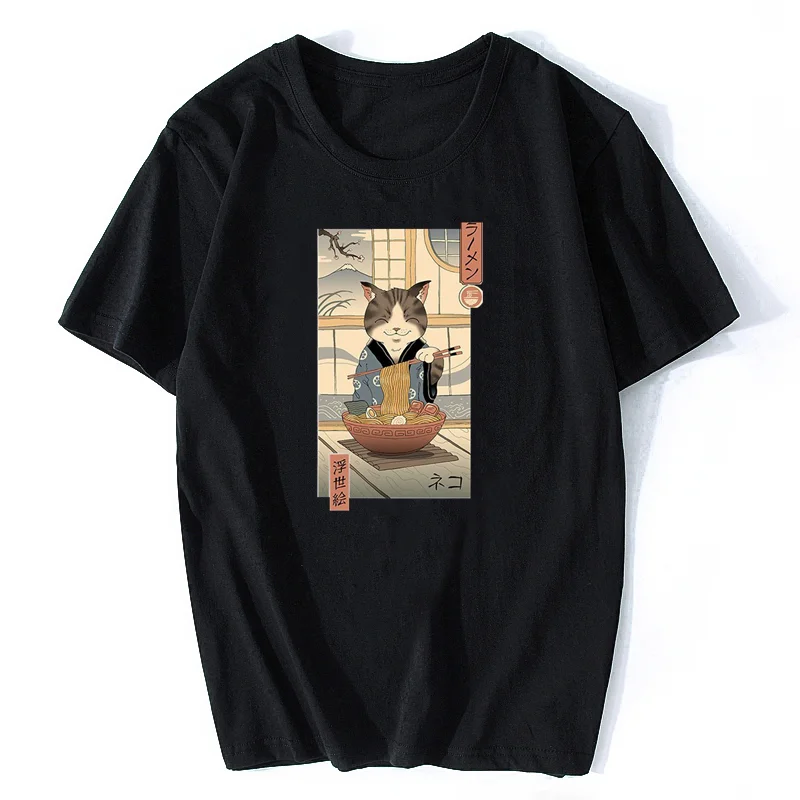 Neko Ramen Ukiyo-E Japan Print Mens Tshirt Simplicity Loose T Shirt Pattern Tee cotton Men Oversized Streetwear