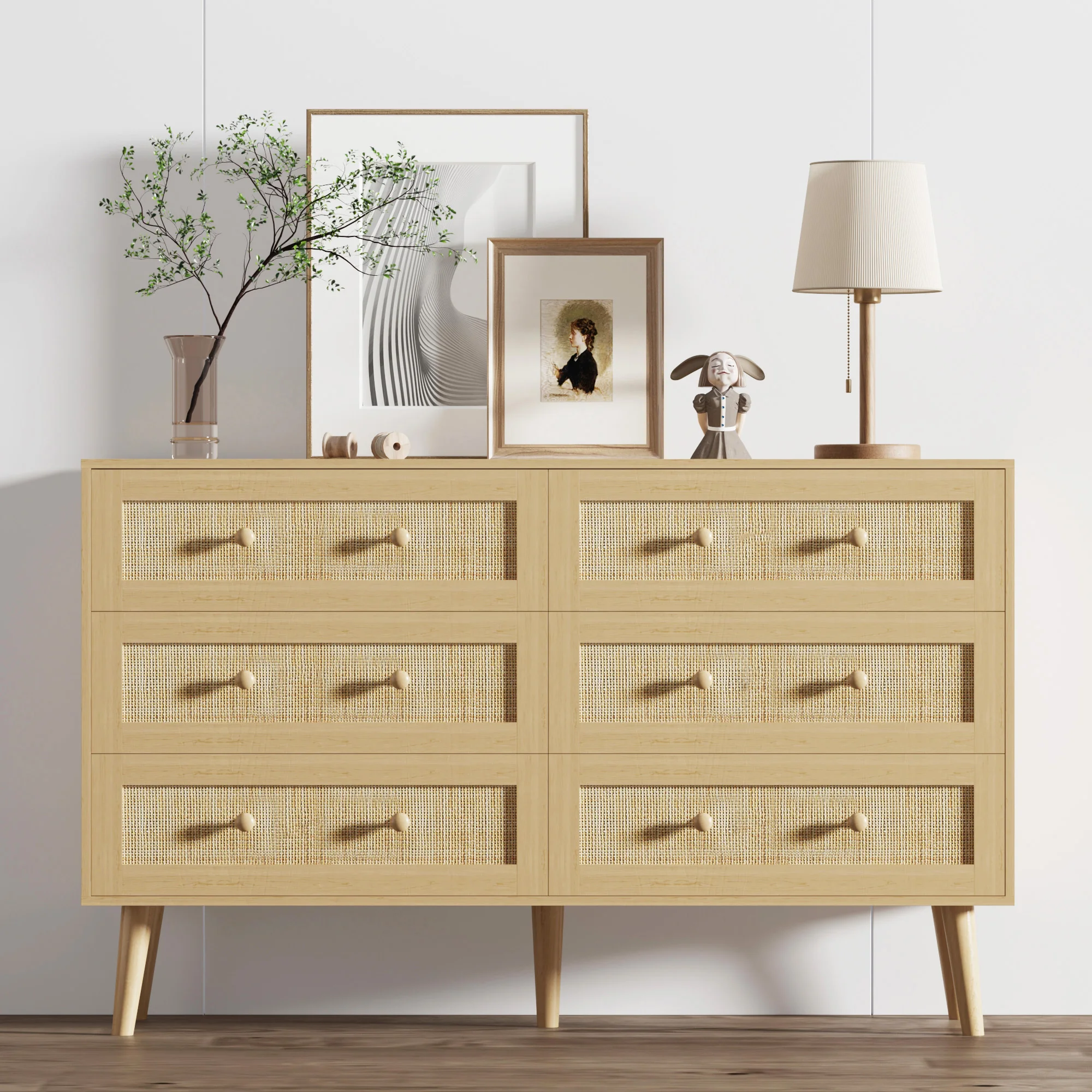 Double Dresser for Bedroom, Rattan Dresser with 6 Drawers, Chest of Drawers, Natural Boho Dresser for Bedroom, Living Room