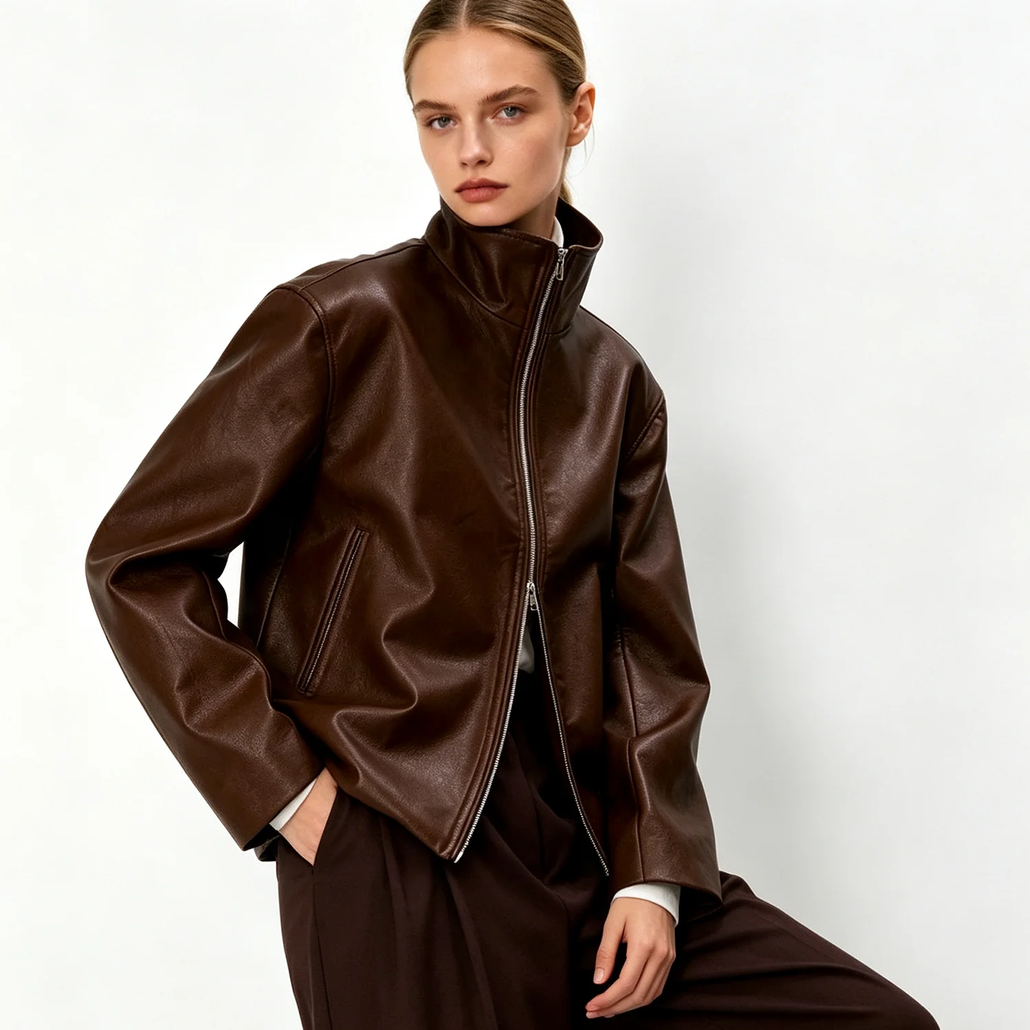 PUAL  Women Brown Faux Leather Jacket Stand Collar Zip‑Up Loose Long Sleeve Streetwear Outerwear