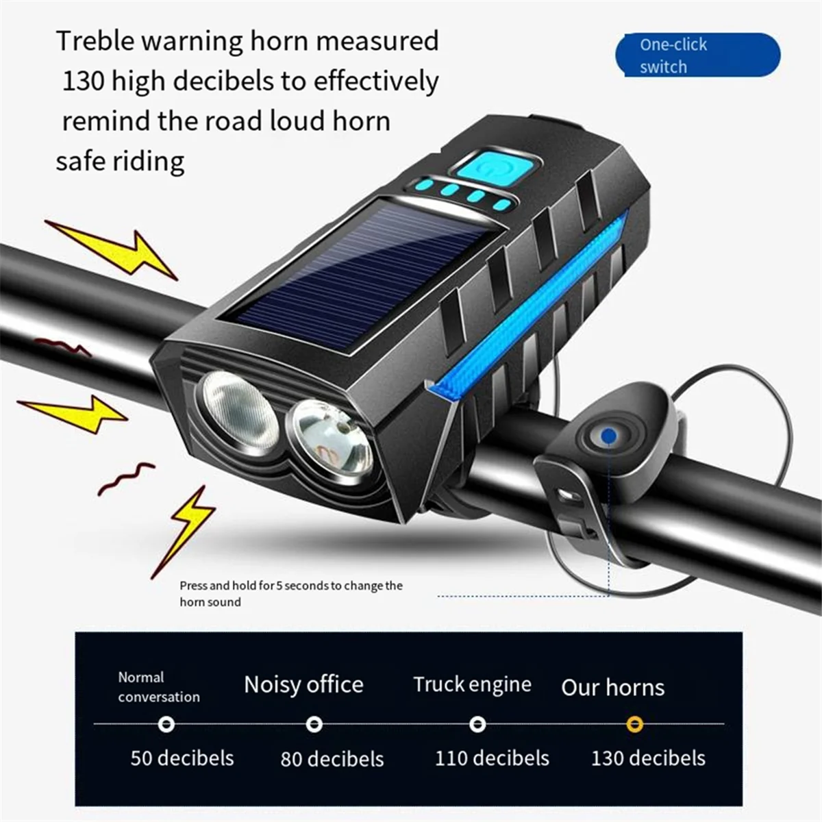 

Solar Power Bike Front Light with 130db Horn LED Bicycle Light USB Rechargeable High Beam Bicycle Flashlight Bicycle
