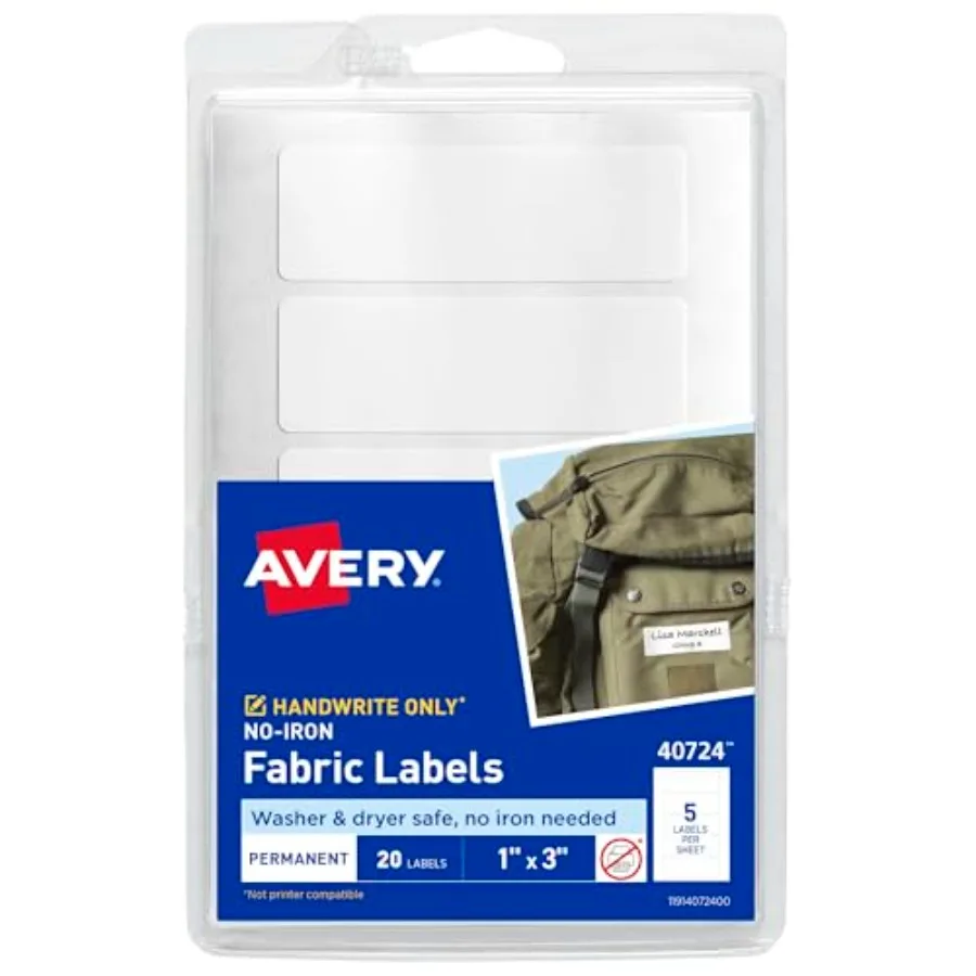 

No-Iron Fabric Labels 1" x 3" Washer and Dryer-Safe Waterproof Labels Non-Printable 20 Total 40724