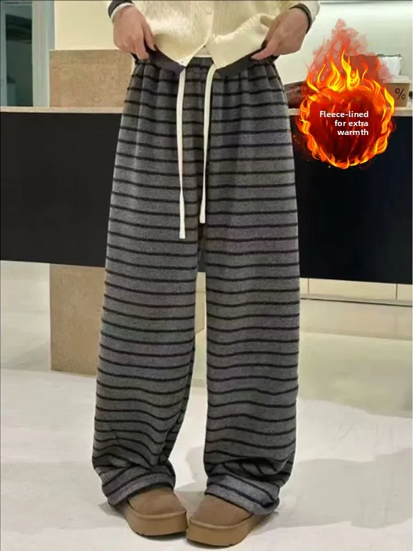 

Winter High Waist Fleece Lined Brushed Striped Wide Leg Pants plus Size Women's Casual Long Trousers Trendy Floor Length