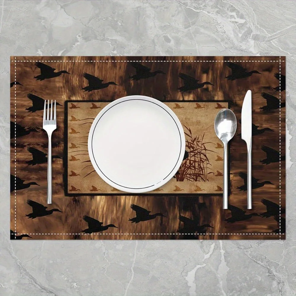 4pcs Flying Ducks Silhouette Placemat Set Linen Hunting Theme Table Mats for Rustic Decor