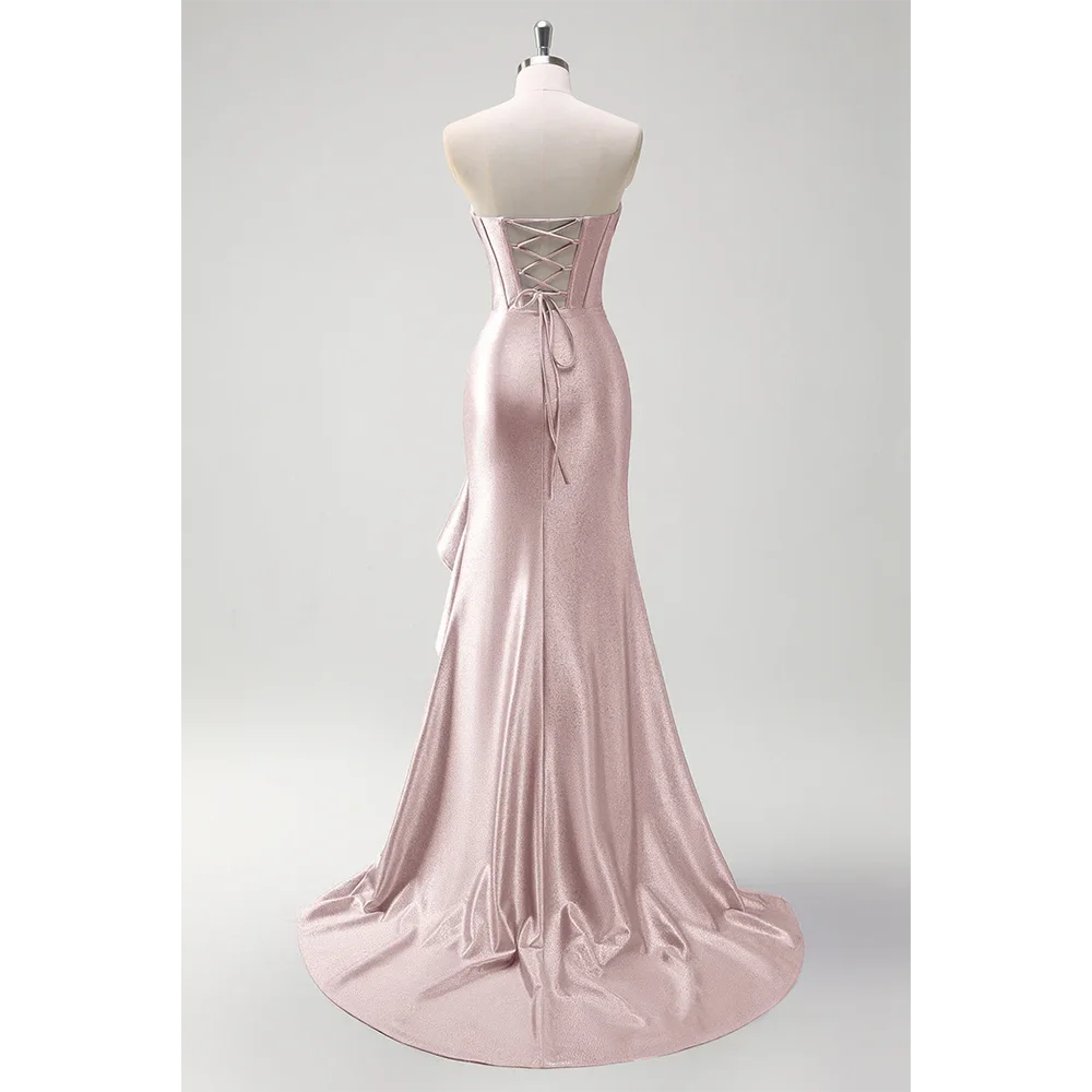 Sparkly สีชมพู Mermaid Strapless คริสตัล Ruffle Corset ซาตินชุดราตรียาวพร้อม Slit Backless Gowns