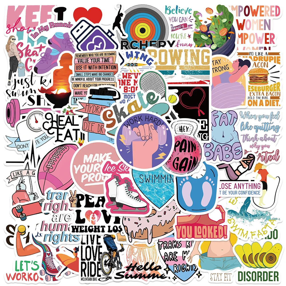 50pcs Weight Loss Exercise Fitness Inspirational Phrases Stickers DIY Cartoon Decal For Laptop Luggage Skateboard Guitar Sticker