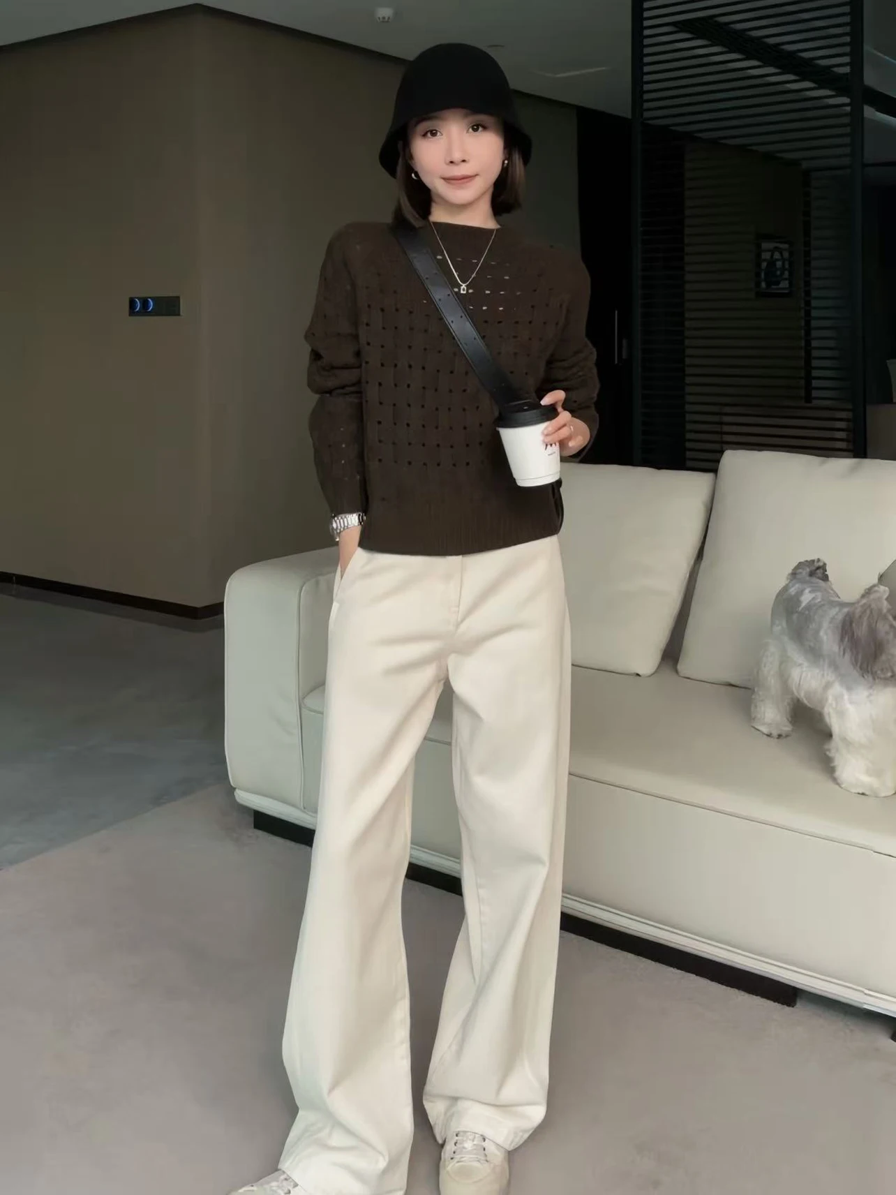 

Retro Lazy Zhou Autumn Winter New Hollow out Versatile Sweater Square Design Warm Fing Knitted Long Sve round Ne