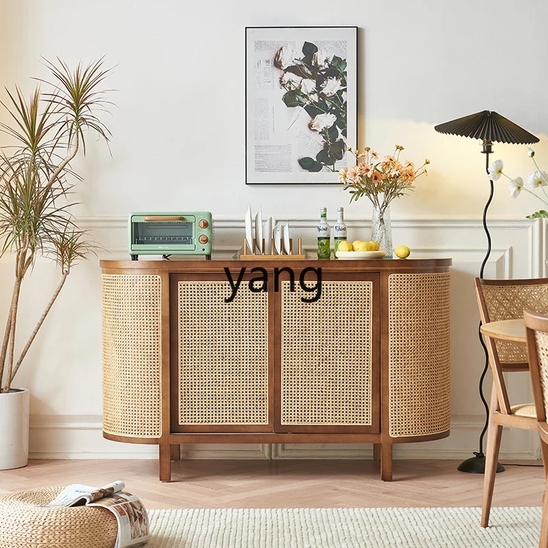 

LMM Nordic solid wood dining side cabinet household living room wall rattan multi-functional storage cabinet