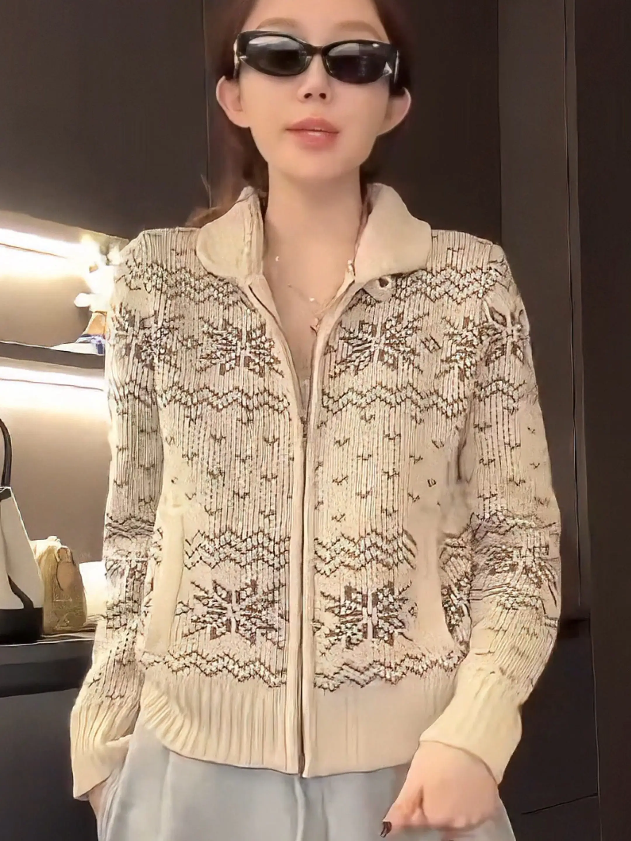 

Новый женский весенний кардиган Fair Isle с воротником на молнии, утягивающий талию, в корейском стиле, с длинными рукавами