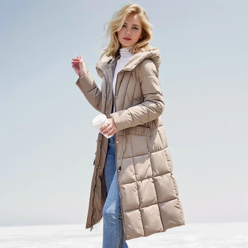 

2025 Women's Winter Long Cotton Jacket Female Knee Length Slim Fit Hooded Waistband Parkas Coats Women's Thick Warm Coats 2025