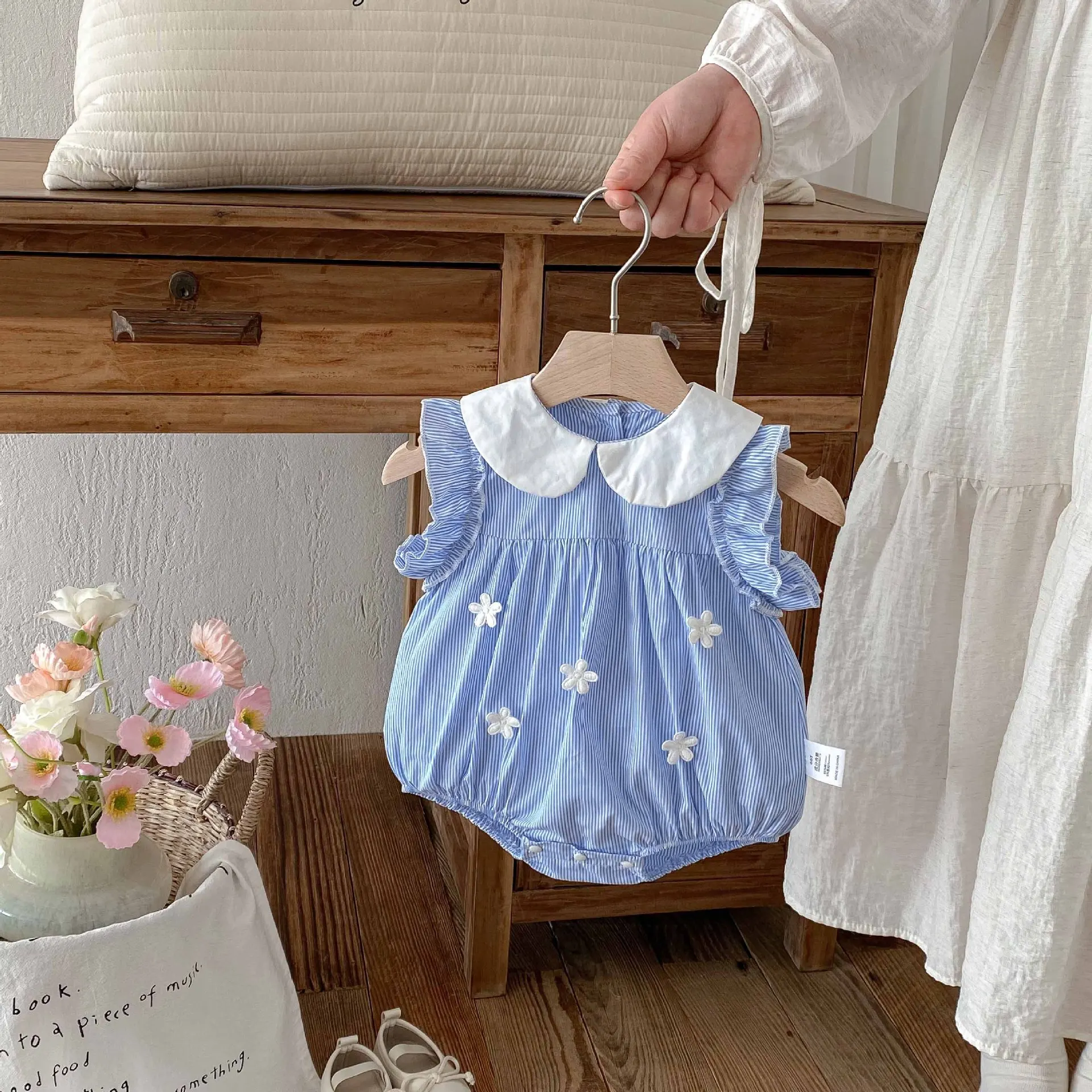 

Baby Clothes 2025 Summer Baby Girls Bodysuit Cotton Sleeveless Infant Girl Blue White Striped Onesie Sweet Toddler One Piece