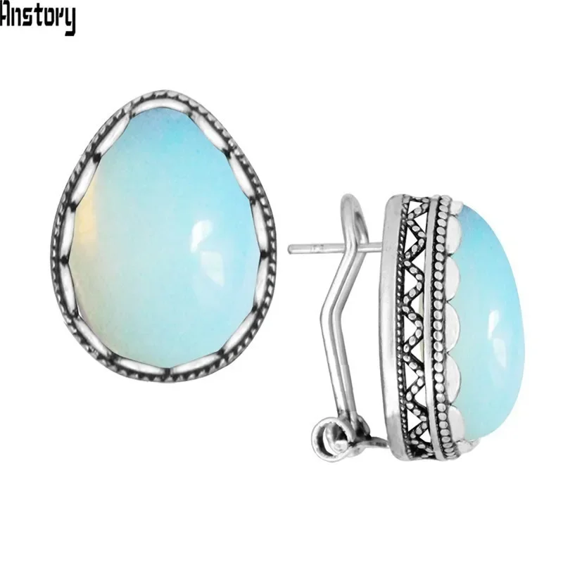 Vintage Water Drop Opal Stud Earrings For Women Stainless Steel Pin Stud Antique Silver Plated Fashion Jewelry