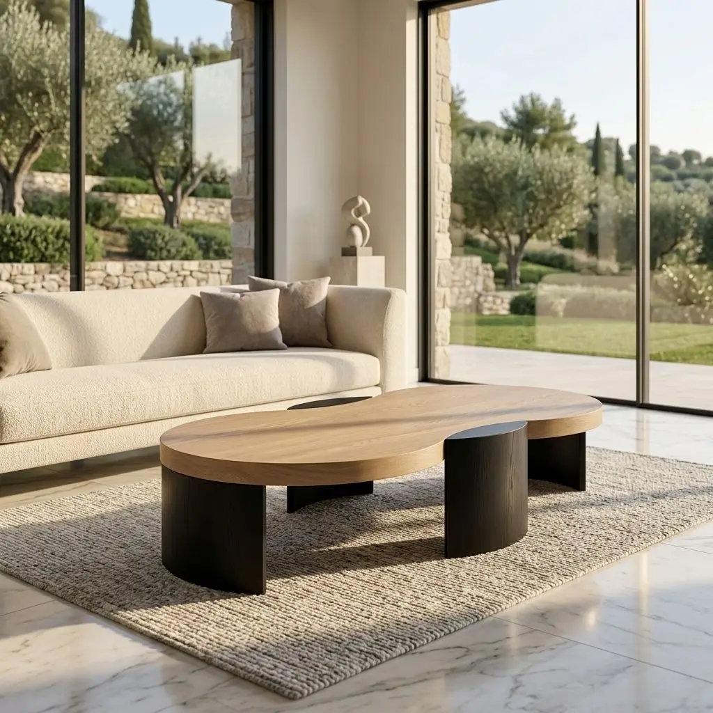 #￥Bespoke Natural Oak Black Wood Modern Curved Coffee Table. Customizable Dimensions Finishes Durable High-End Designers Hotels