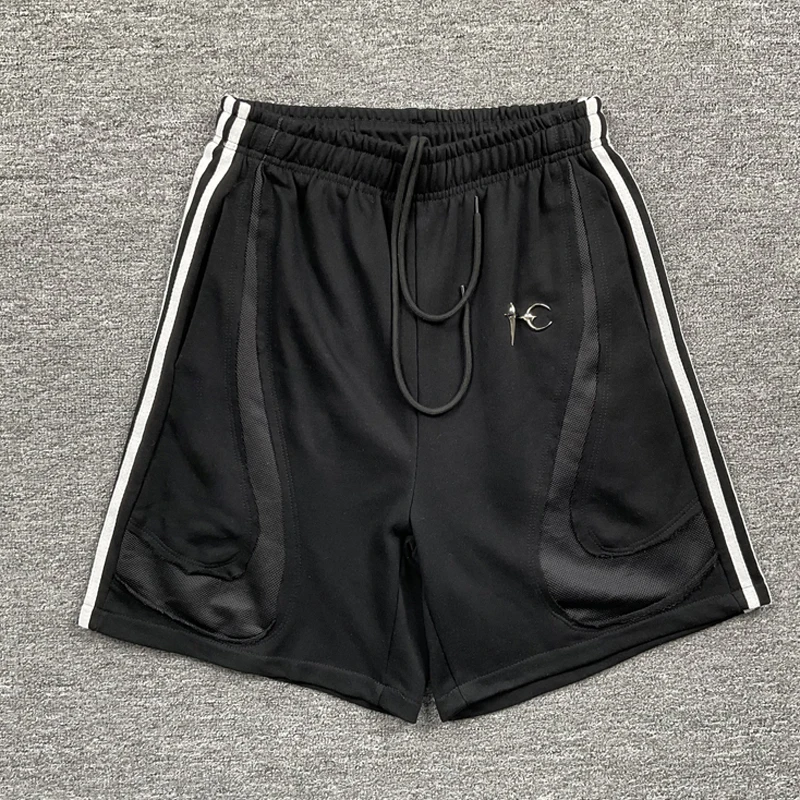 

Street Brand THUG CLUB Casual Shorts Metal Star Moon Logo Patchwork Mesh Fabric Design Thug Club Sports Shorts