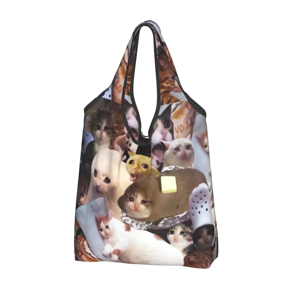 Sac fourre-tout de grande capacité pour femmes, chat qui pleure, memes d'épicerie, sac à provisions Kawaii Animal Shopper initié, sacs à main