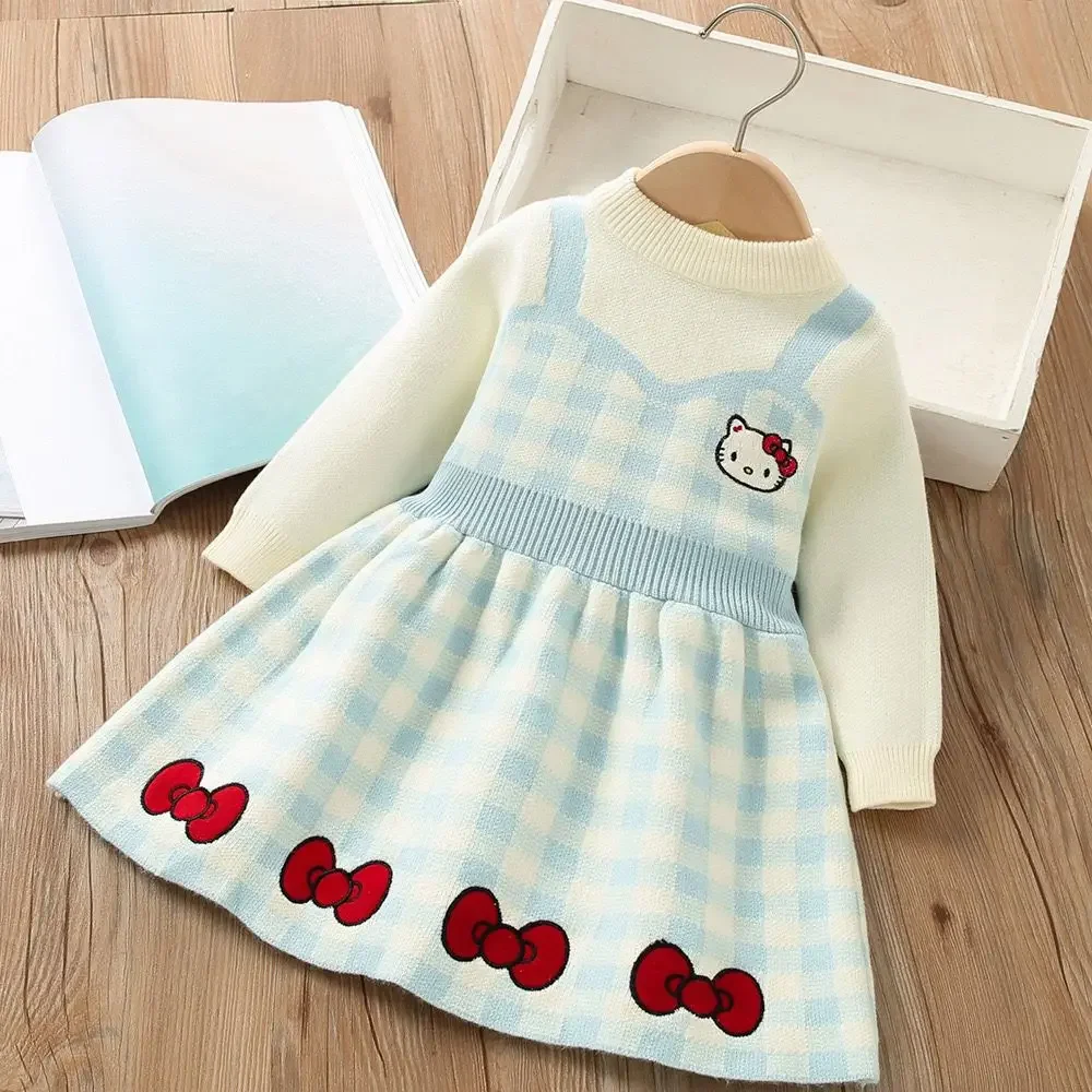 Anime Sanrioed Kittys Kids Fashion Long Sleeve Dress Girls Cartoon Knitted Skirt Fake Two Piece Sweater Dress Cute Kids Clothes