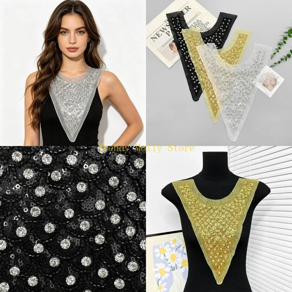 

N5KB Sequins Patches Jeweled Collar Suit Fabric Trim for Evening Skirt Clothes