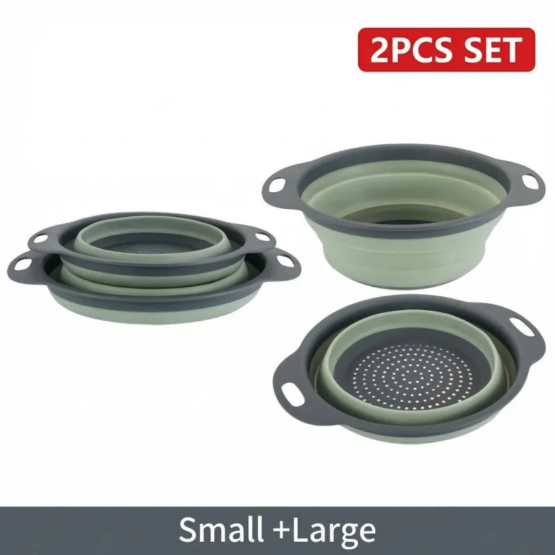 Conjunto de 2 Escorredores de Silicone Dobráveis para Cozinha, Escorredor de Alimentos Colapsável para Vegetais, Frutas e Massas, Economizador de Espaço