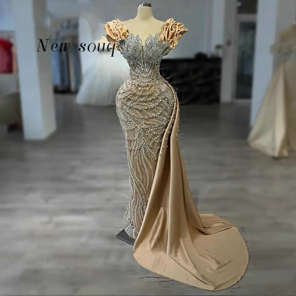 

Длинные вечерние платья русалки цвета шампанского с блестящими кристаллами и бисером 2026 Вечерние свадебные платья для гостей по индивидуальному заказу