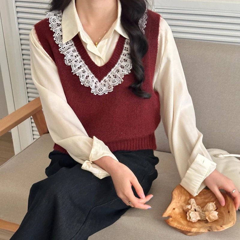 Gilet tricoté en dentelle à col en v pour femmes, pull ample sans manches de couleur unie