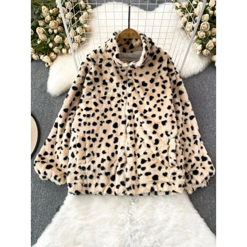 

Fall Winter Fashionable Lambswool Cardigans Women's Leopard Stand Collar Drop Long Sleeve Pockets Thick Fleece Outerwear