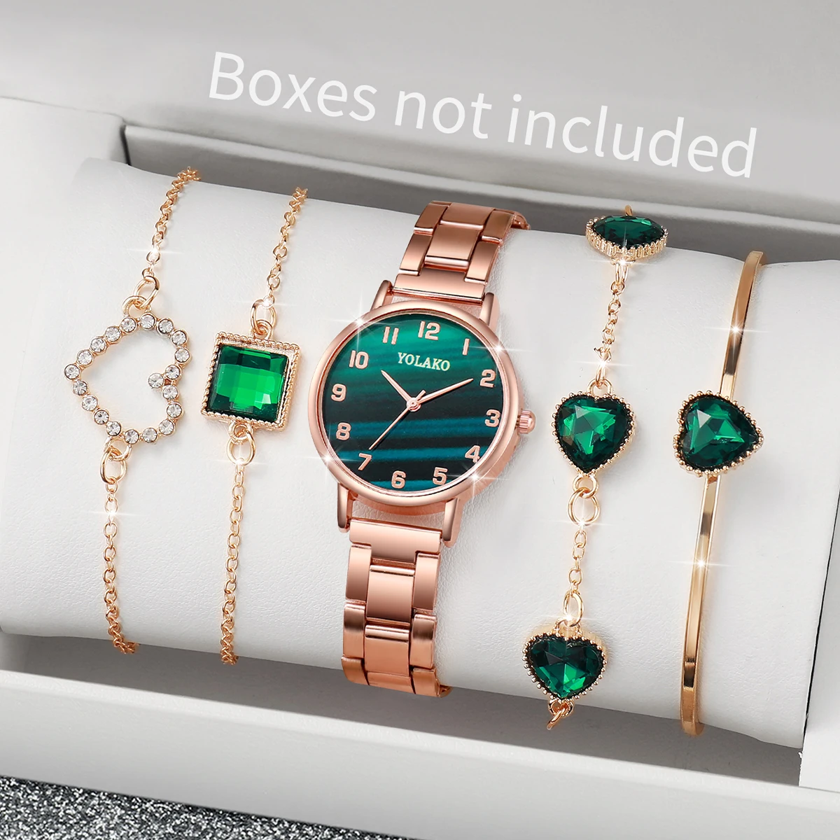 5PCS/Set Fashion Green Dial Women Quartz Watch Steel Band Watches Bracelets Set(Without Box)
