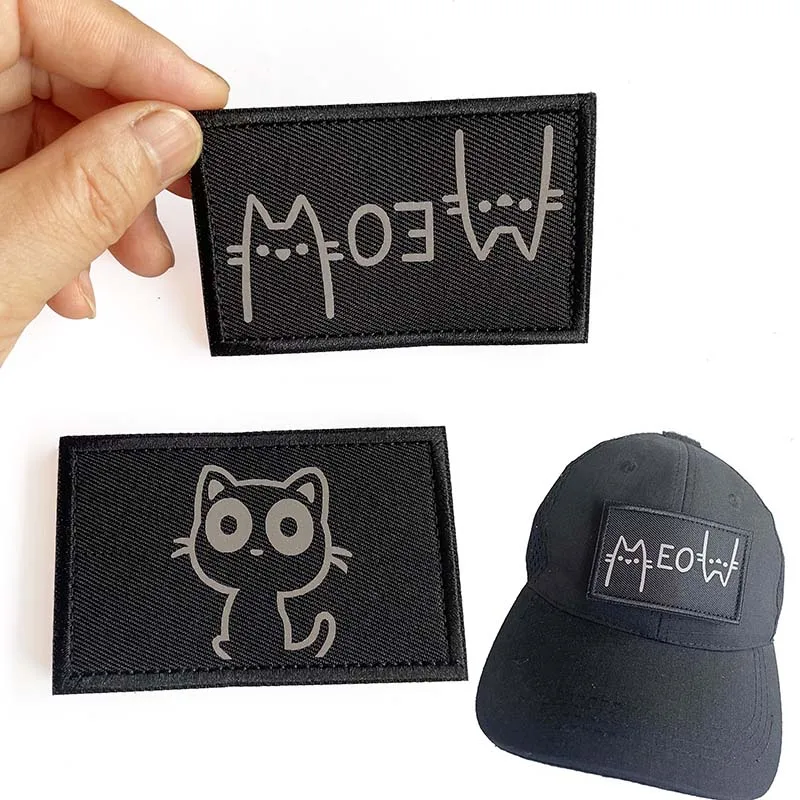 Lustige Katzen-Ausdrucks-IR-Reflexions-Patches mit Klettverschluss, Niedliches Cartoon-Kätzchen-Miau-Abzeichen, Kleidungsaufkleber, Rucksack-Applikation – Detail 2