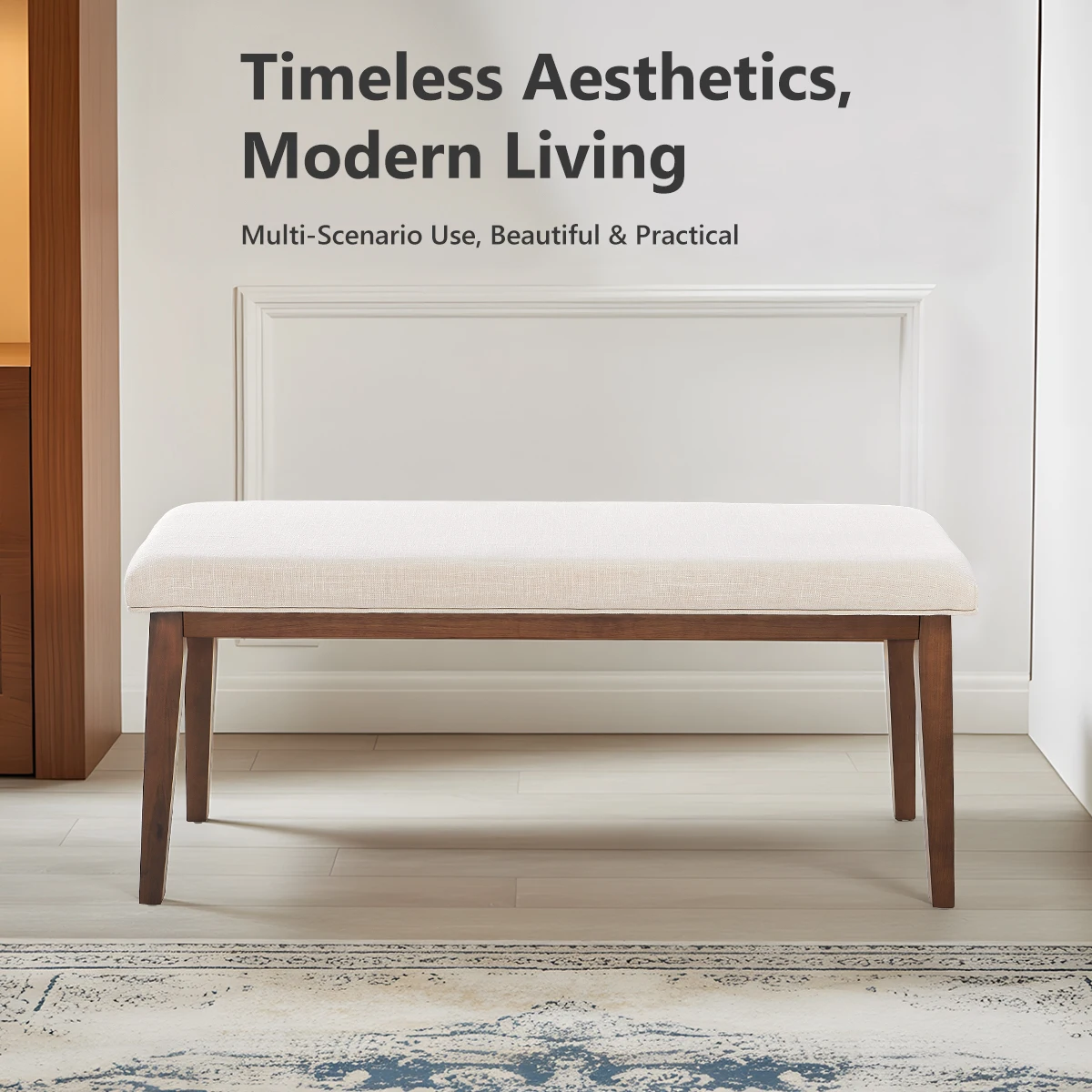 مقعد منجد من الكتان الحديث - مقعد غرفة نوم مقاس 42.5 بوصة لنهاية السرير، مقعد مدخل بأرجل خشبية صلبة، للممر #6