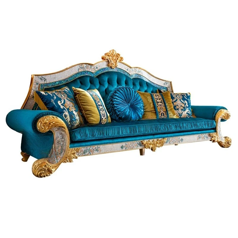 

French solid wood double-sided carved French peacock blue fabric sofa sea shell parquet gold foil French sofa