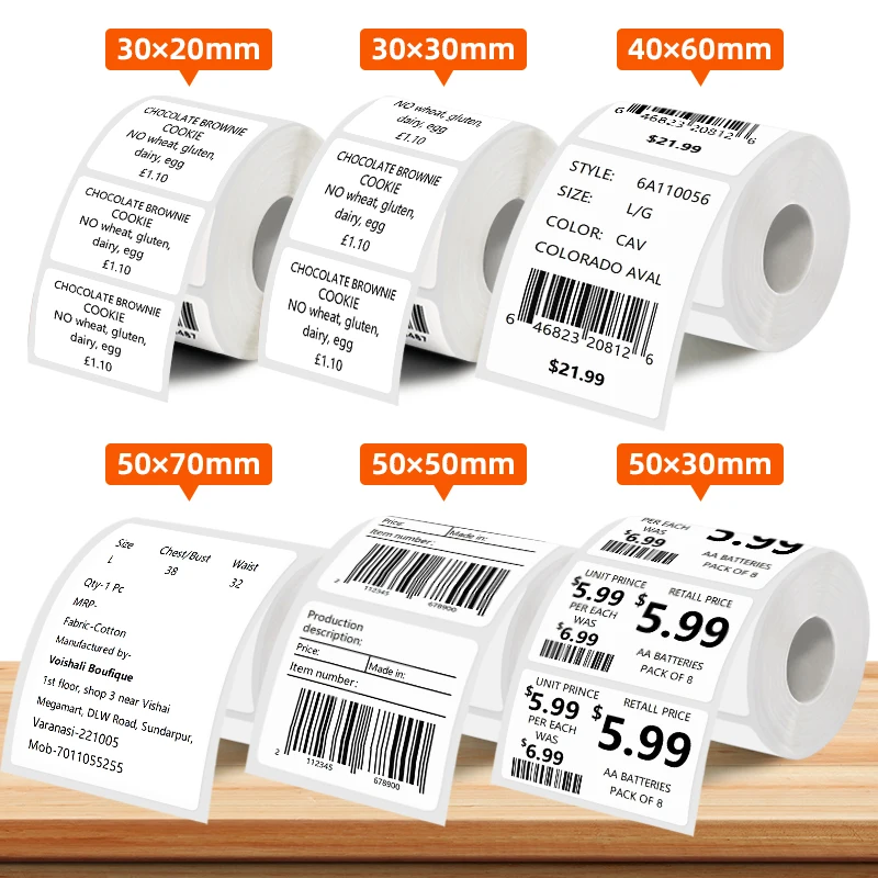 5 Rolls of Thermal Label Paper, Coreless White Self-Adhesive Waterproof Stickers, Suitable for Portable Handheld Printers - for Barcodes, Addresses, Shipping, Corporate Offices, Commercial and Home Labels 30*20mm 30*30 40*20 40*40 40*50 40*60 40*70 50*30 50*40 50*50 50*70