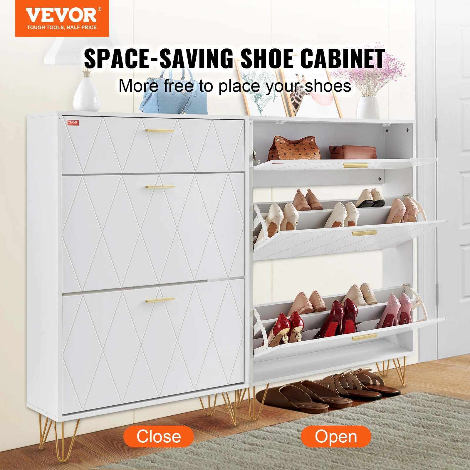 VEVOR Shoe Cabinet with 2/3 Flip Drawers Shoe Storage Cabinet for Entryway Free Standing Shoe Storage Organizer for Heels Boots