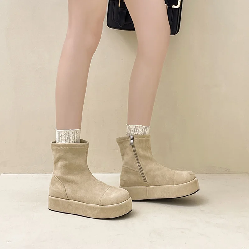 

Retro Thick soled Tall Thin Short Boots Trendy Autumn/Winter Fashion Suede Flat Heel Mid heeled Boots Versatile Women's Boots