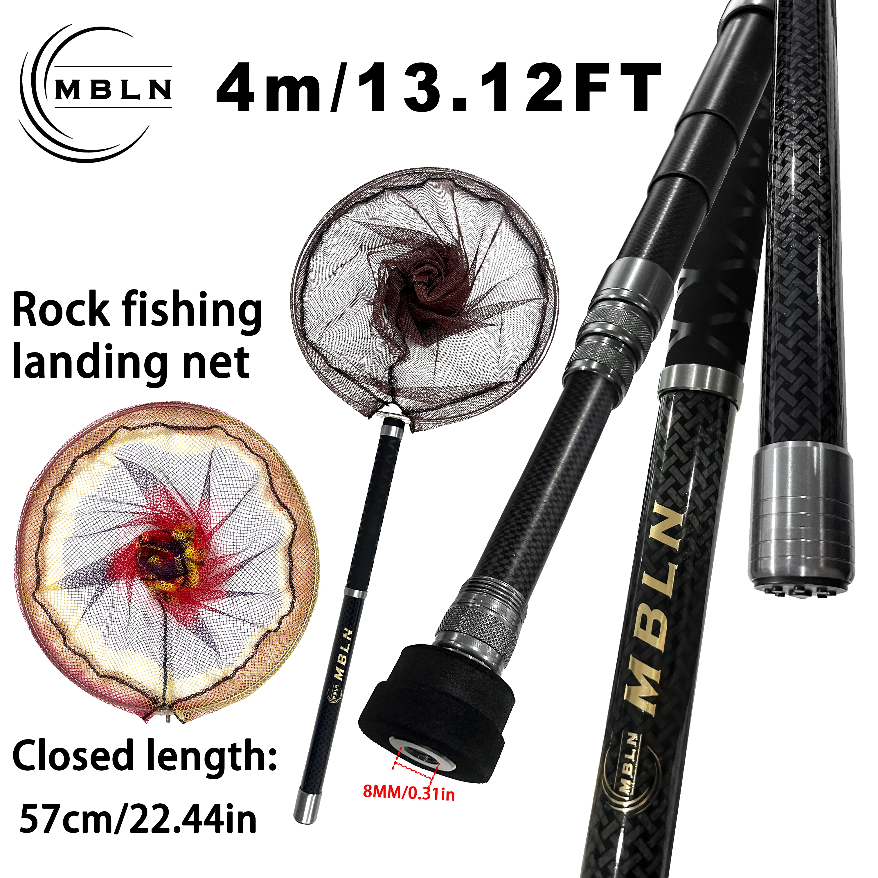 MBLN 4m Length Carbon Firber Fishing Net Telescopic Positioning Carp Hand Net Rock Fish Net