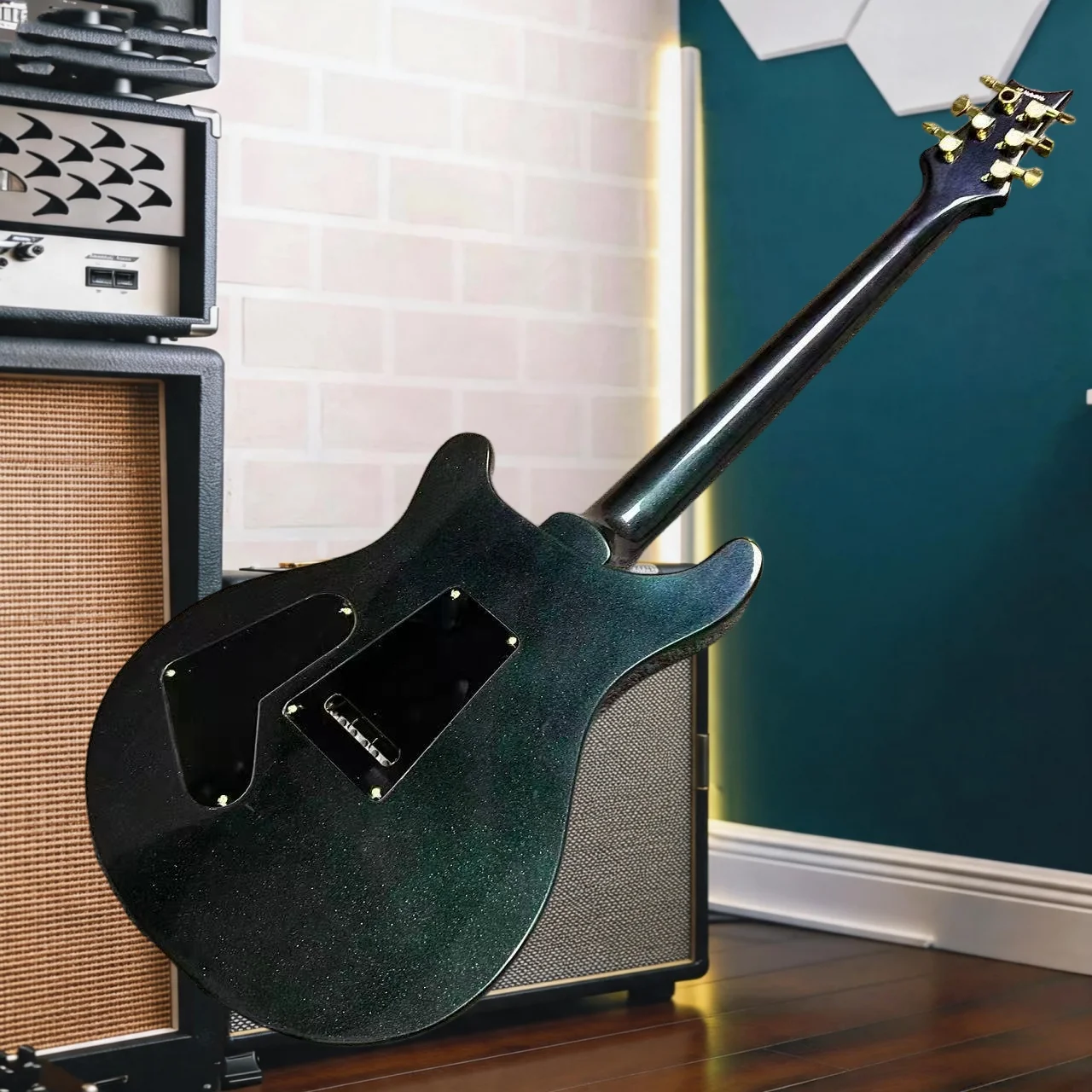 PR Custom 24 Dragon Inlay Electric Guitar Chameleon Green Color Gold Hardware Floyd Tremolo Small Double Collectible Guitar view 6