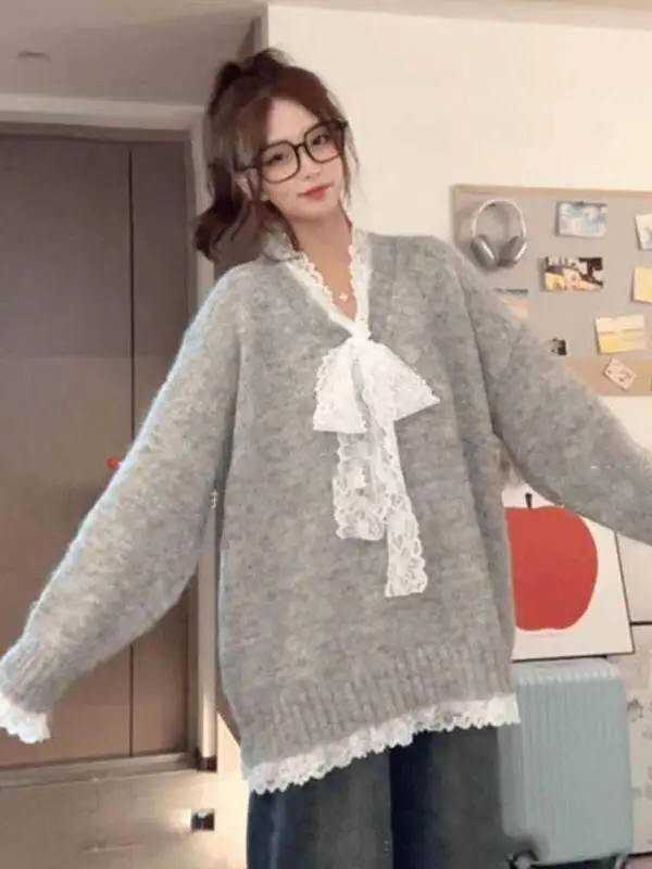 Gray Thickened Lazy Style Knitted Sweater Women's Autumn Winter High-End Feeling  Knot Lace Atmosphere Sense Trendy Top