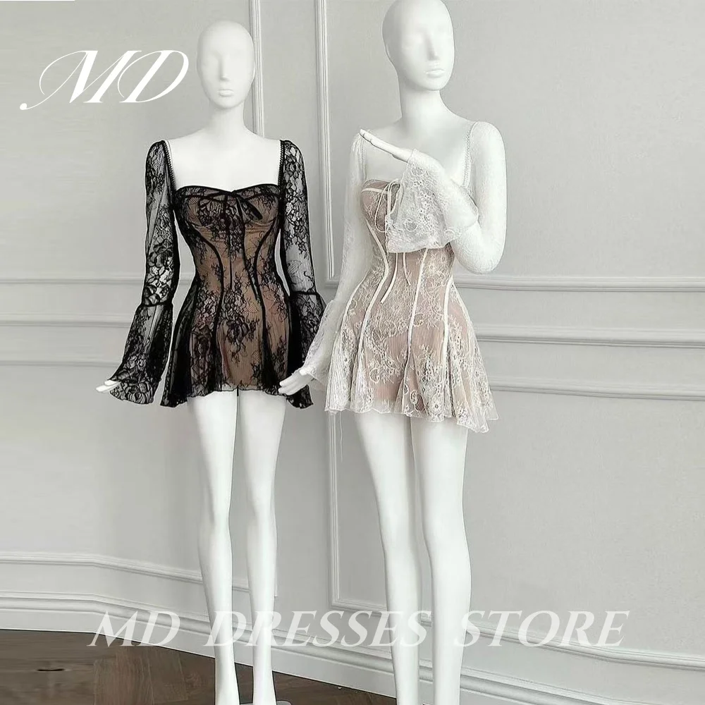 MD قصير ألف خط ثوب مسائي الدانتيل ساحة طوق فوق الركبة كم كامل فستان كوكتيل vestidos de festa فستان حفلات مخصص