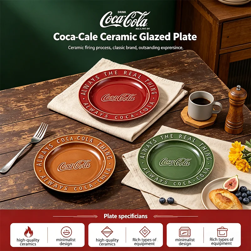 Plato de Cerámica Coca Cola, Plato para Ensalada, Plato para Aperitivos, Plato para Servir Frutos Secos, Juego de Platos para Postres, Apto para Lavavajillas, Horno y Microondas