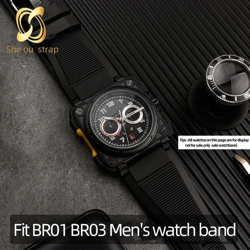 Real leather Watch band For Bell Ross BR01/BR03 Men\'s Pin Buckle Wristband  34*24mm Black/olivegreen Watch strap