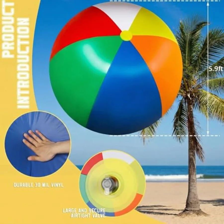 Giant Inflatable Beach Ball for Pool and Beach Events: Rainbow-Colored PVC 5 ft or 5.9 ft Extra Large Durable Summer Party Game