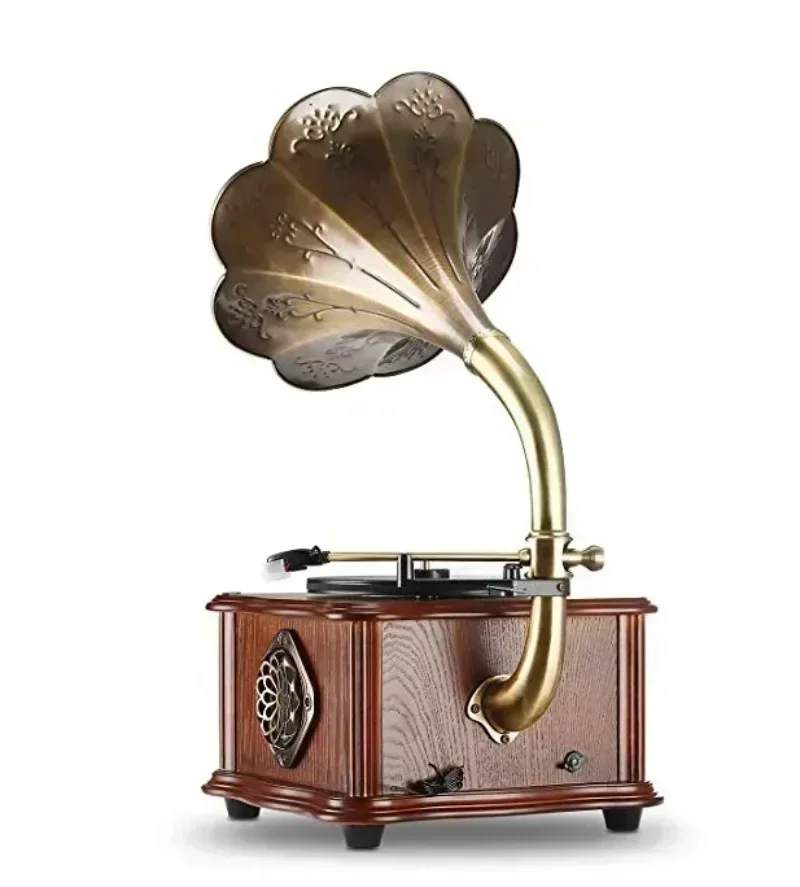 Retro All-In-One Turntable Record Player Vintage Phonograph Gramophone Bluetooth USB Output Copper Horn Nostalgic Vinyl