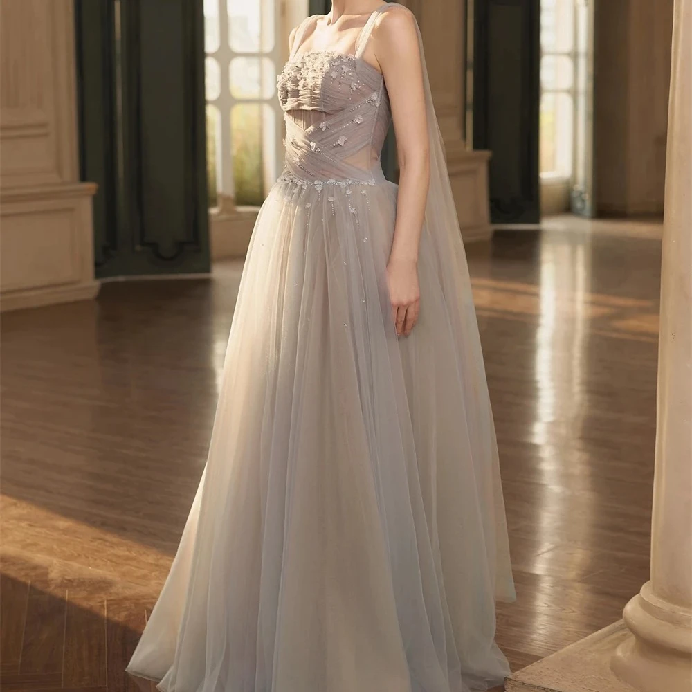 

Long Evening Dress Customized Square Neck Applique Beads See Through Tulle Evening Gowns Sexy Backless A Line Formal Party Dress