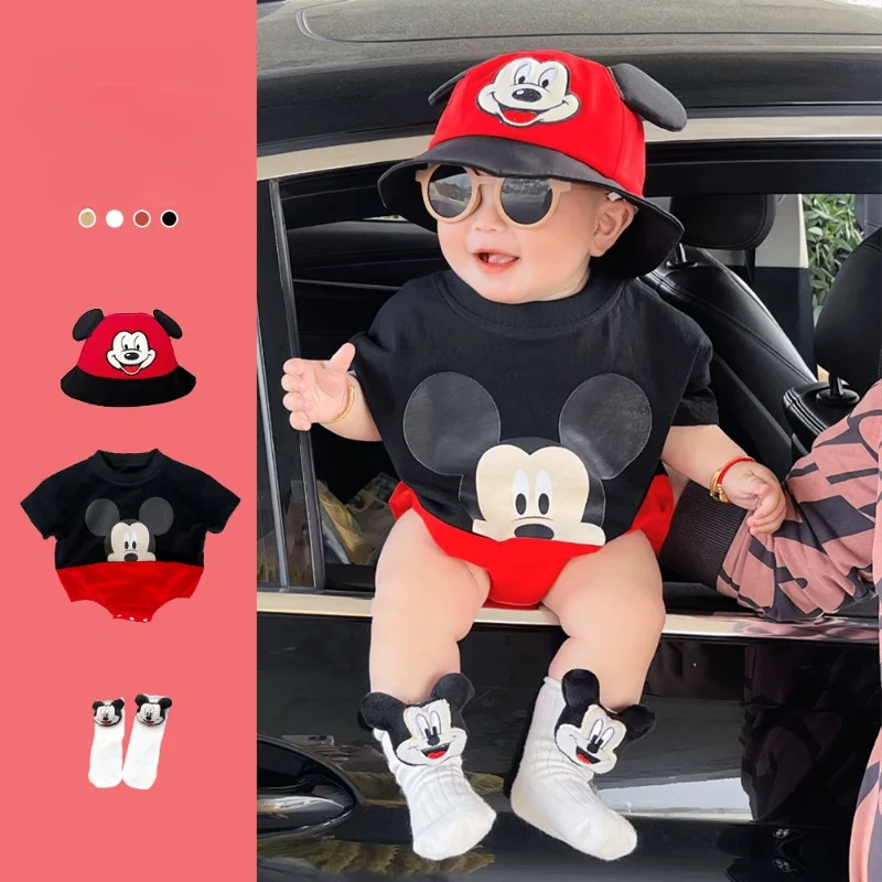 Summer Newborn Bodysuit Sock Hat 3pcs Set Cartoon Mickey Mouse Boys Girls Jumpsuit Infant Costume Short Sleeve Clothing K2421