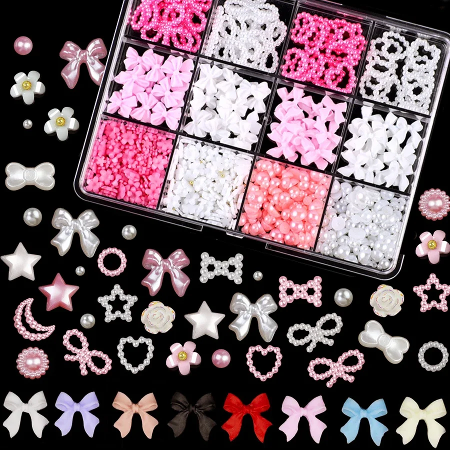 12pcs Mixed Nail Rhinestones 3D Pearlescent Beads with Ribbon Heart Charms for Creative Nail Art Decoration