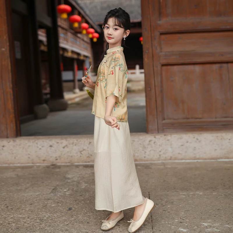 Kids Clothing Sets For Girls Short-sleeved Cheongsam Neckline Disc Button Printing Chinese Style Clothing Sets Baby Girl Clothes