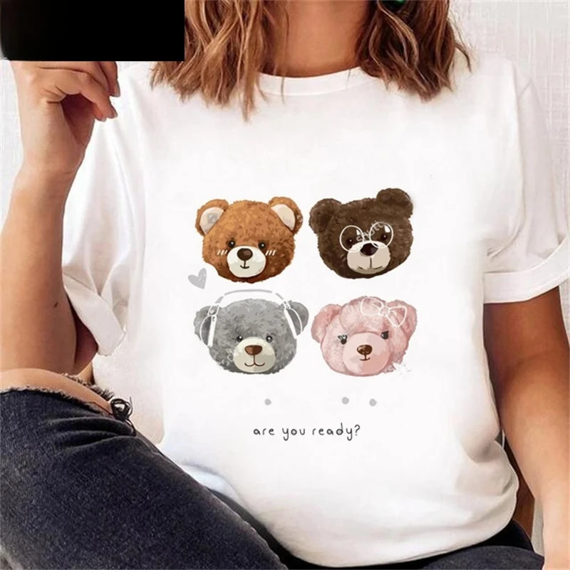 Women's Casual Bear Print Short Sleeve T-shirts Casual Bear Print T-shirts Summer and Spring Fashion Tops Print Clothing Y2K Top