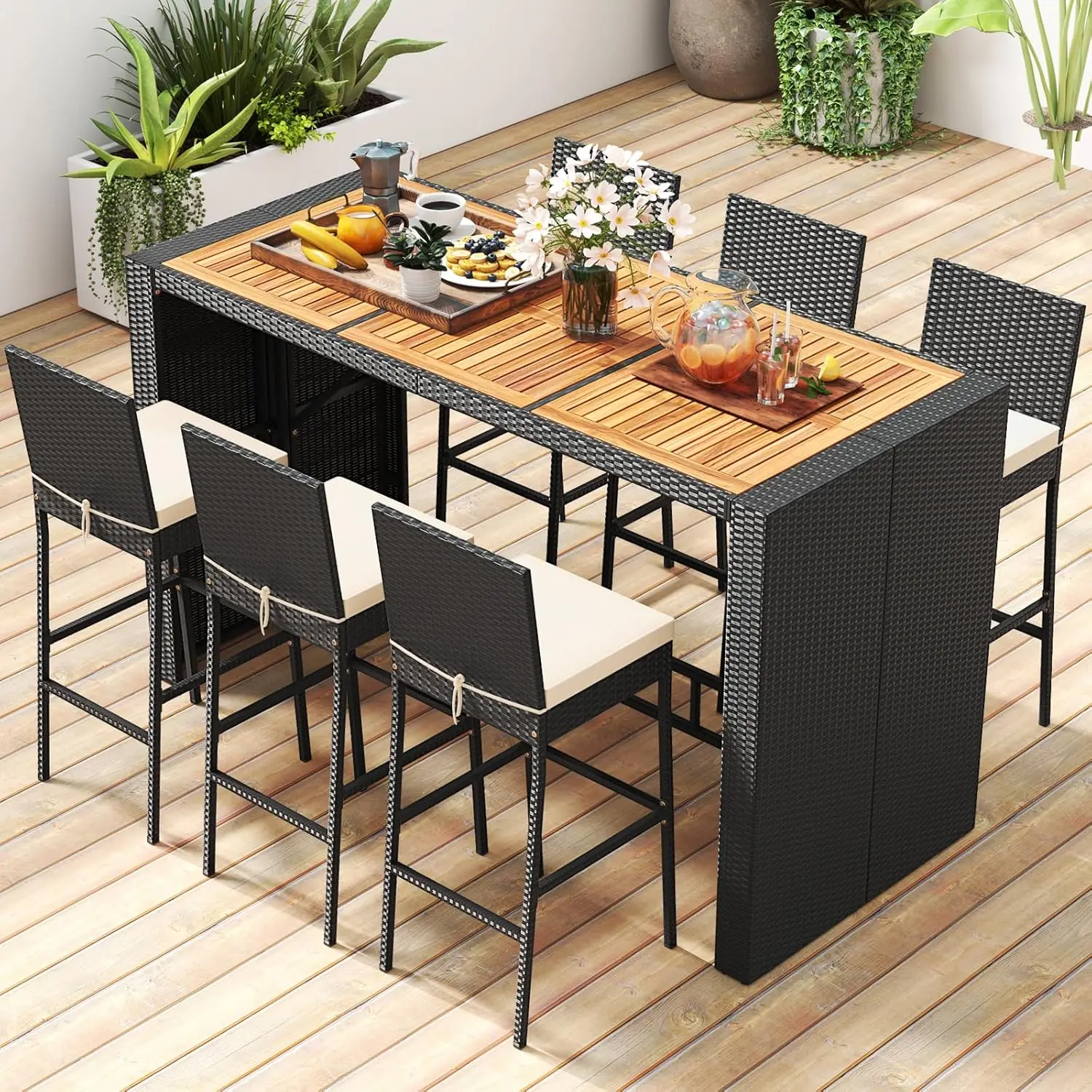 

！@Dwoo Luxury 7 Piece Bar Stool High Modern Chair Set Courtyard Club Outdoor Furniture Bar Set
