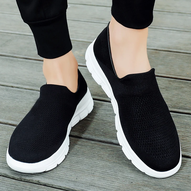 Men Loafers Mesh Walking Shoes Sports Outdoor Flats Light Home Comfortable Breathable Father Sneakers Black Soft Big Size 39-44