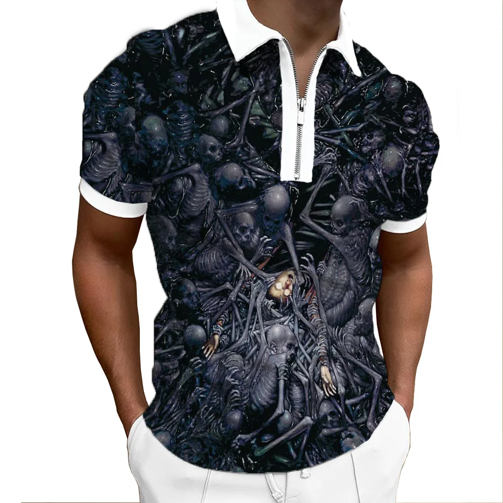 Summer 2022 New Lapel Polo Shirt Fashion Zipper Breathable Short Sleeve Horror Skull Pattern 3D Print Hip Hop Top Streetwear