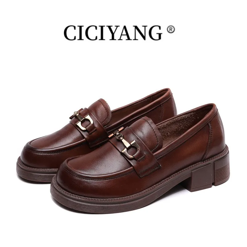 CICIYANG Female Penny Shoes Spring 2023 New Genuine Leather Ladies Lazy Shoes Student Platform Slip-On Loafers For Women