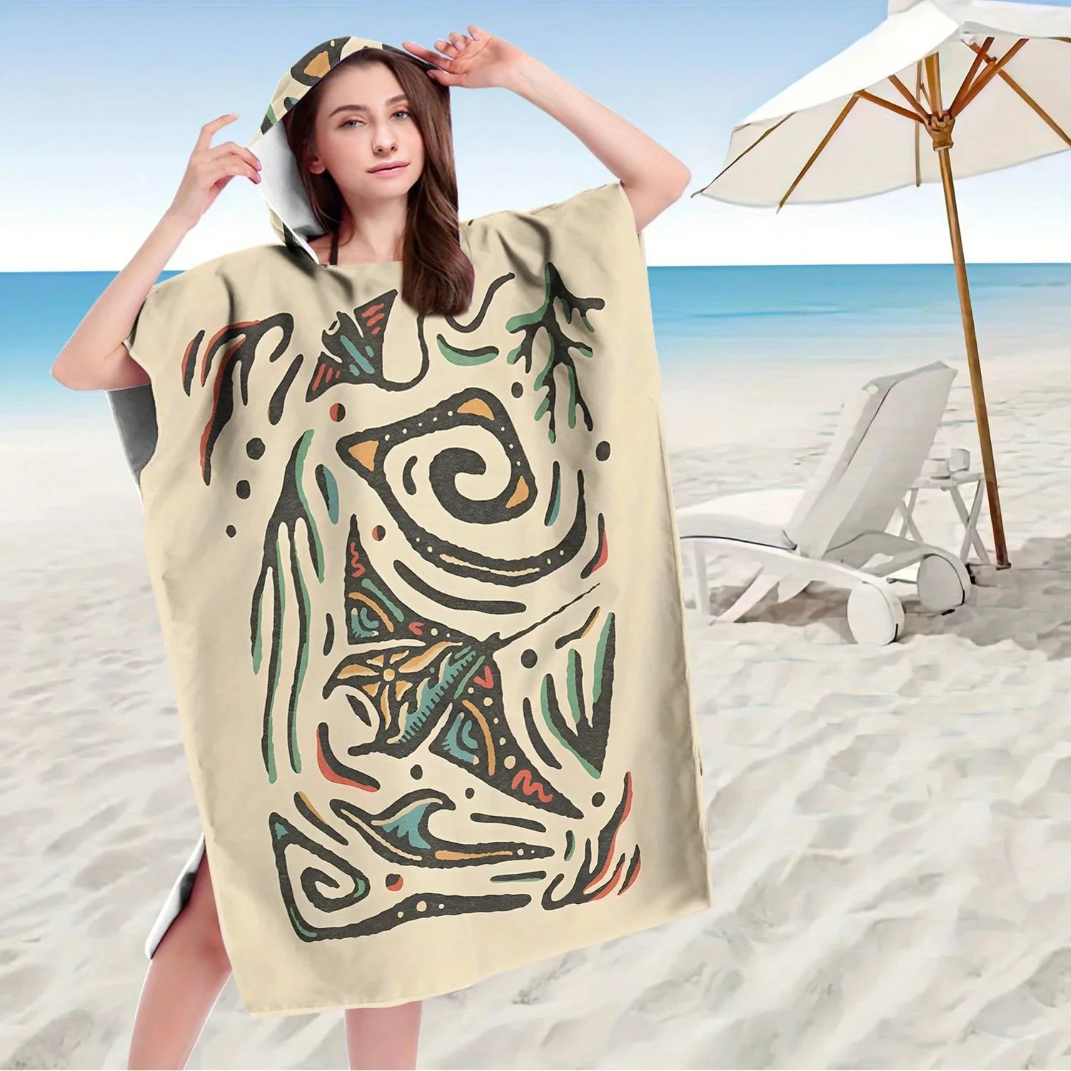 Tribal Manta Ray Quick-Dry Surf Poncho Towel Polyester Hooded Beach Changing Robe Ethnic Print Swim Poncho for Adult & Child
